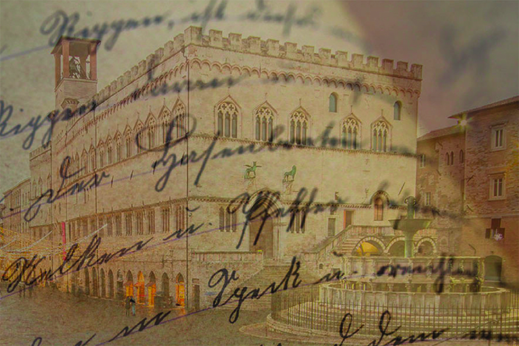 scritte sovrapposte all'immagine di palazzo dei Priori al centro di Perugia