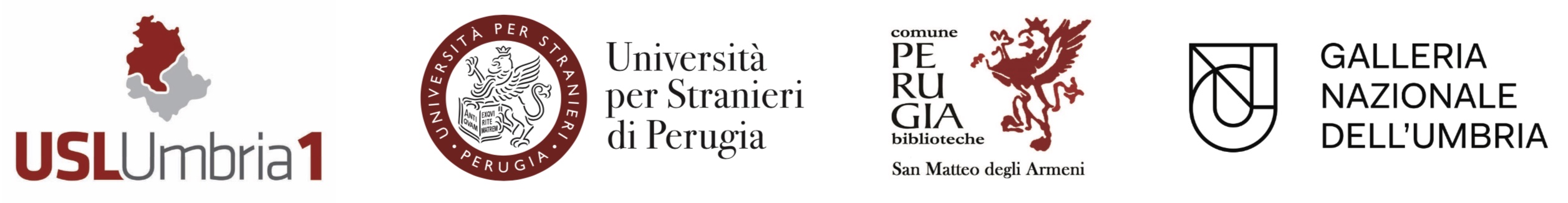 loghi istituzioni partner: USL UMBRIA - Università per Stranieri - Biblioteca San Matteo degli Armeni - Galleria Nazionale dell'Umbria