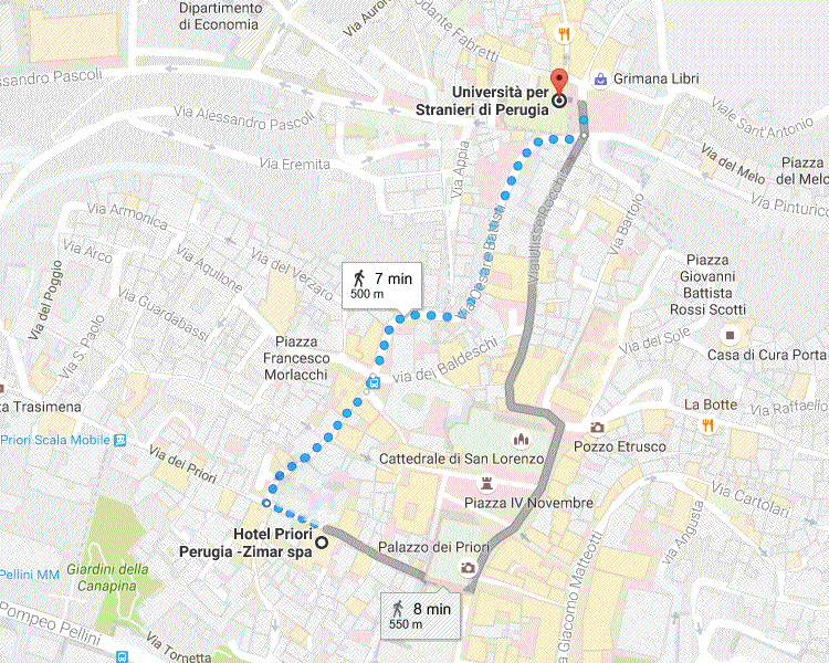 mappa del percorso Hotel Priori - Università per Stranieri