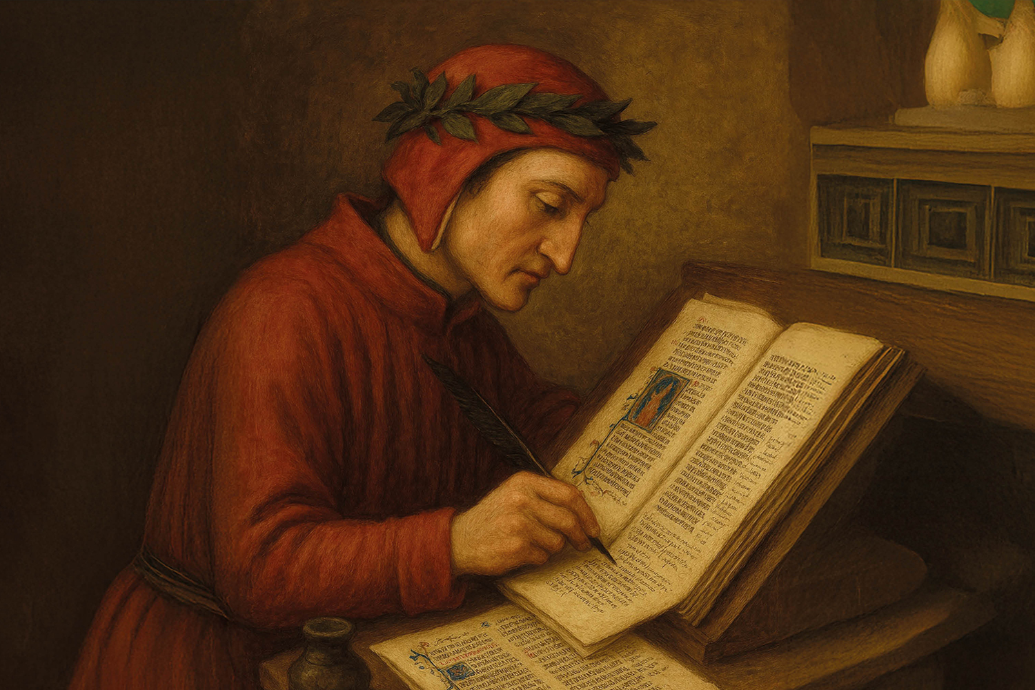 Dante Alighieri che sta scrivendo