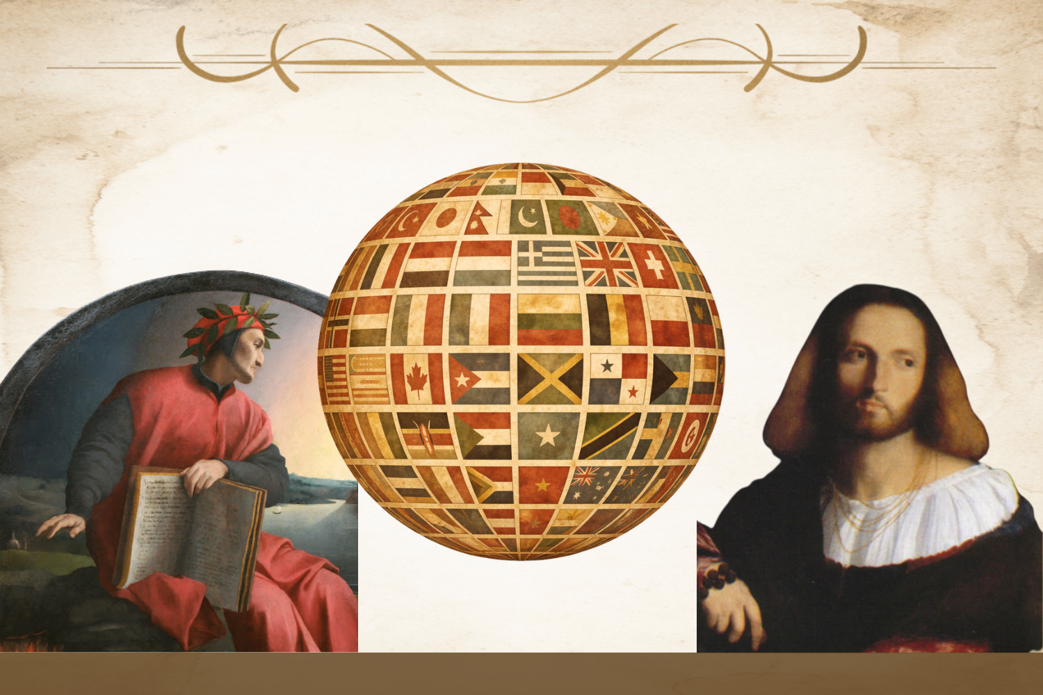 Images of Dante and Ariosto with a globe of flags from various nations