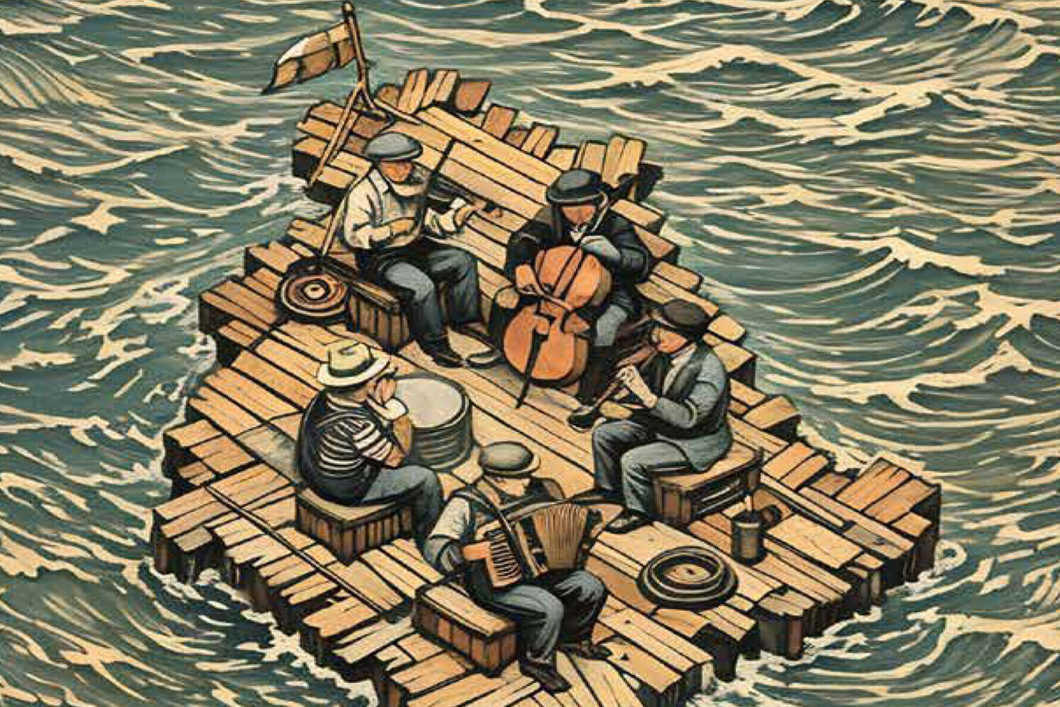 Book cover depicting men on a raft at the mercy of the waves