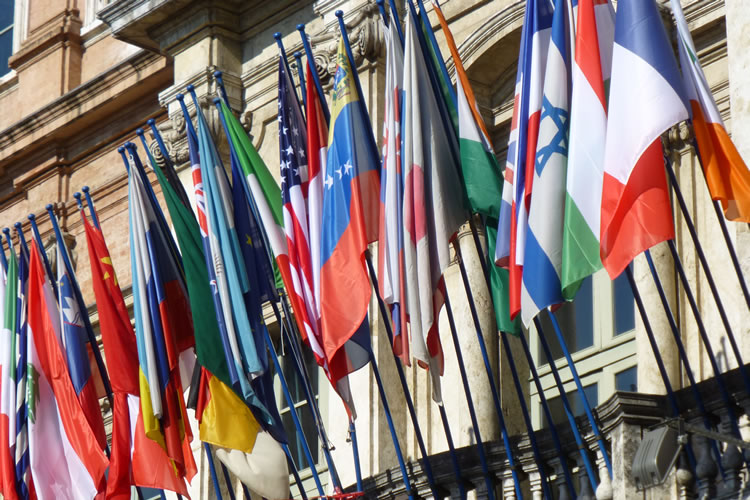 Immagine di bandiere sul balcone di Palazzo Gallenga