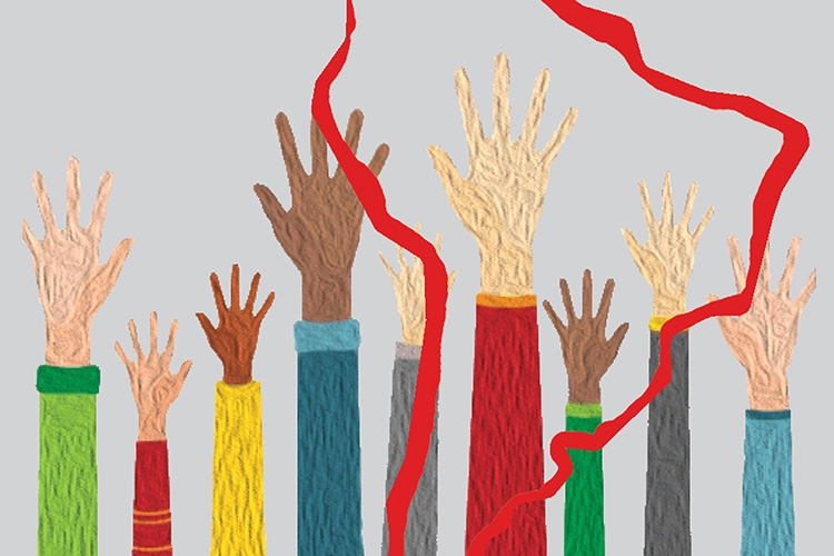Dettaglio della locandina: mani alzate sullo sfondo del profilo dell'America latina