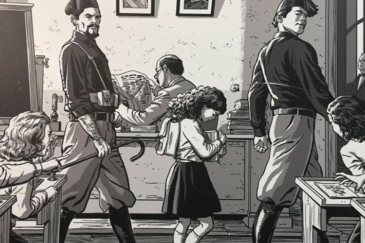 Dettaglio della locandina: illustrazione che rappresenta una bambina cacciata da scuola