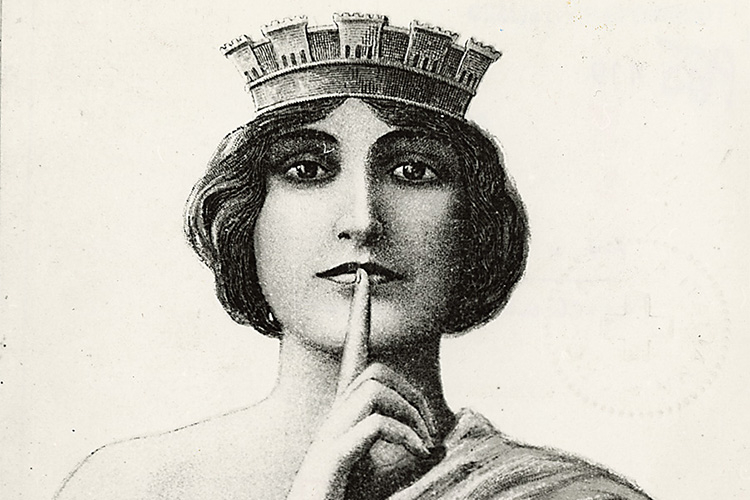 Dettaglio della locandina: volto di donna con l'indice davanti alla bocca ad indicare "silenzio!"