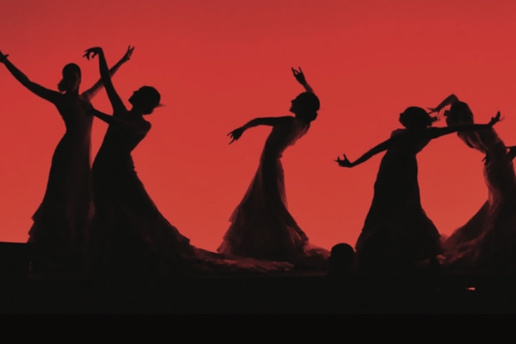 silhouette scure di ballerine su sfondo rosso