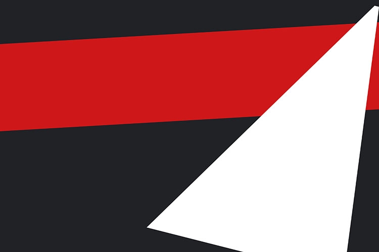 Particolare della locandina: forme geometriche rosse e bianche su sfondo nero