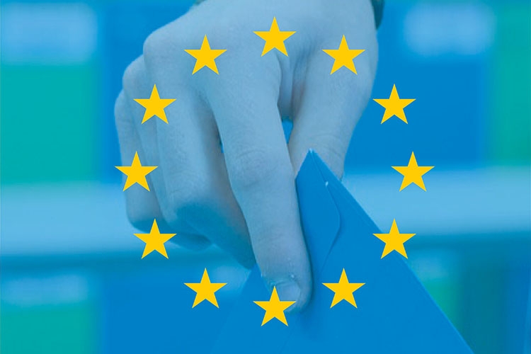 Particolare della locandina: le stelle dell'Europa con una mano che tiene una scheda elettorale sullo sfondo