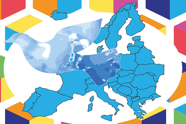 immagine stilizzata di una colomba sullo sfondo dell'Europa