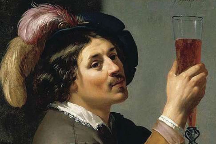 Dipinto rinascimentale di una persona che beve un calice di vino