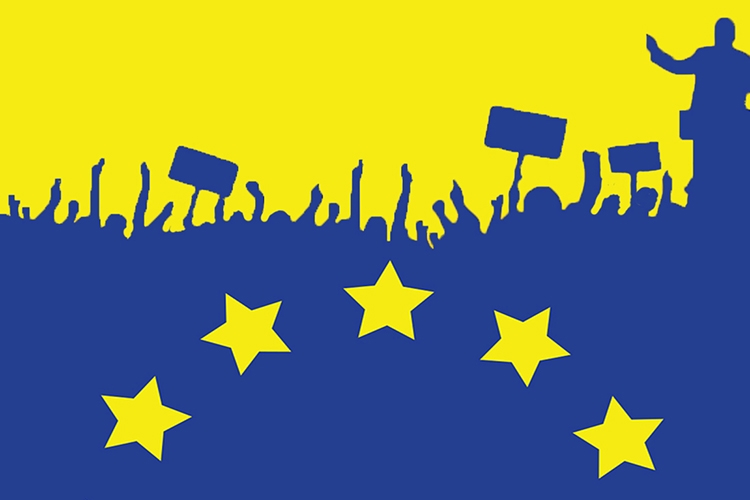 particolare della locandina: profili di persone che manifestano e stelle della bandiera europea