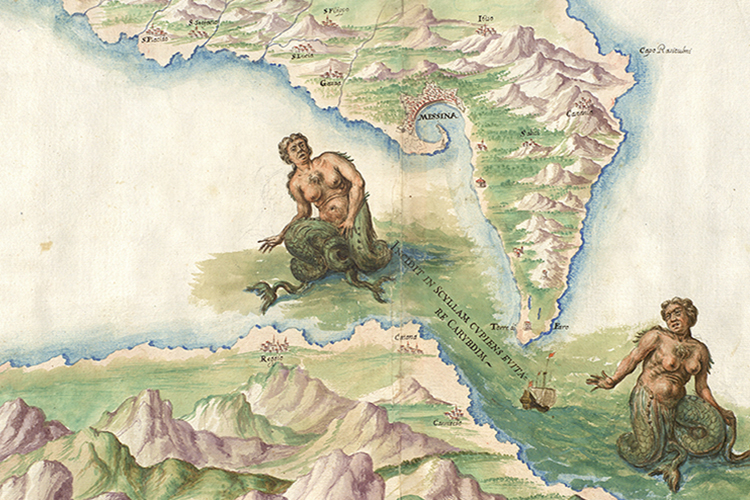 lo stretto di Messina nel particolare di una mappa d'epoca 