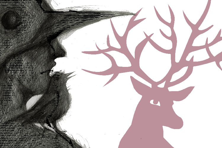 particolari della locandina dell'evento: raffigurazione grafica di un volto, un uccellino e un cervo