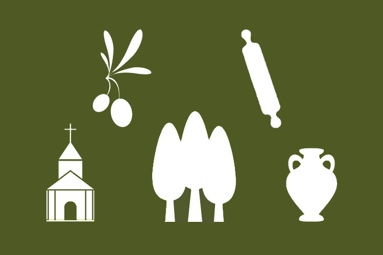 simboli della cultura del territorio: olive, alberi, otre, chiesa, mattarello