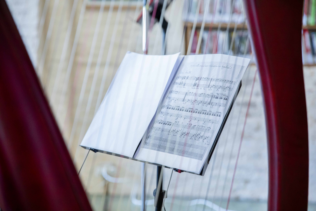 particolare di un'arpa e spartito musicale
