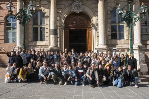 students in front of Palazzo Gallenga