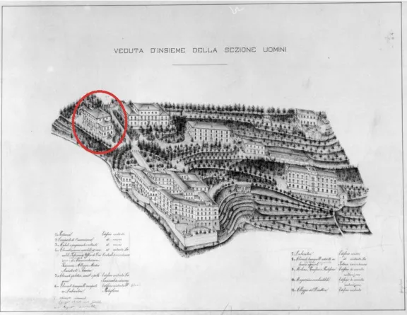 Piano generale del Manicomio e sue dipendenze. Veduta di insieme della sezione uomini e della sezione donne, 1903