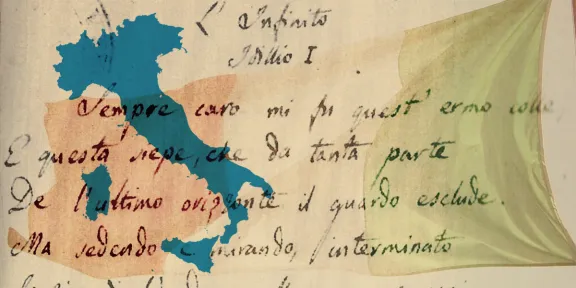 L'Italia, L'infinito di Leopardi e la bandiera italiana sullo sfondo