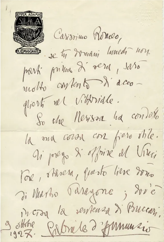 Lettera di Gabriele D'Annunzio (1927)