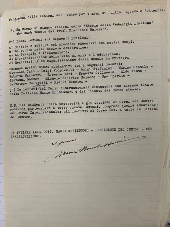 Programma di u corso firmato da Maria Montessori